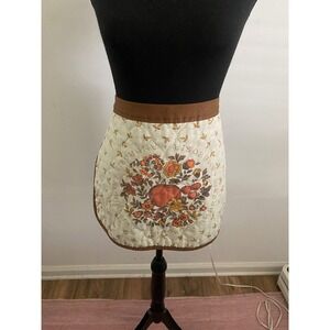 Vintage Ambrosia Quilted Half Apron Brown Cream Floral Fruit Retro 70s Kitchen